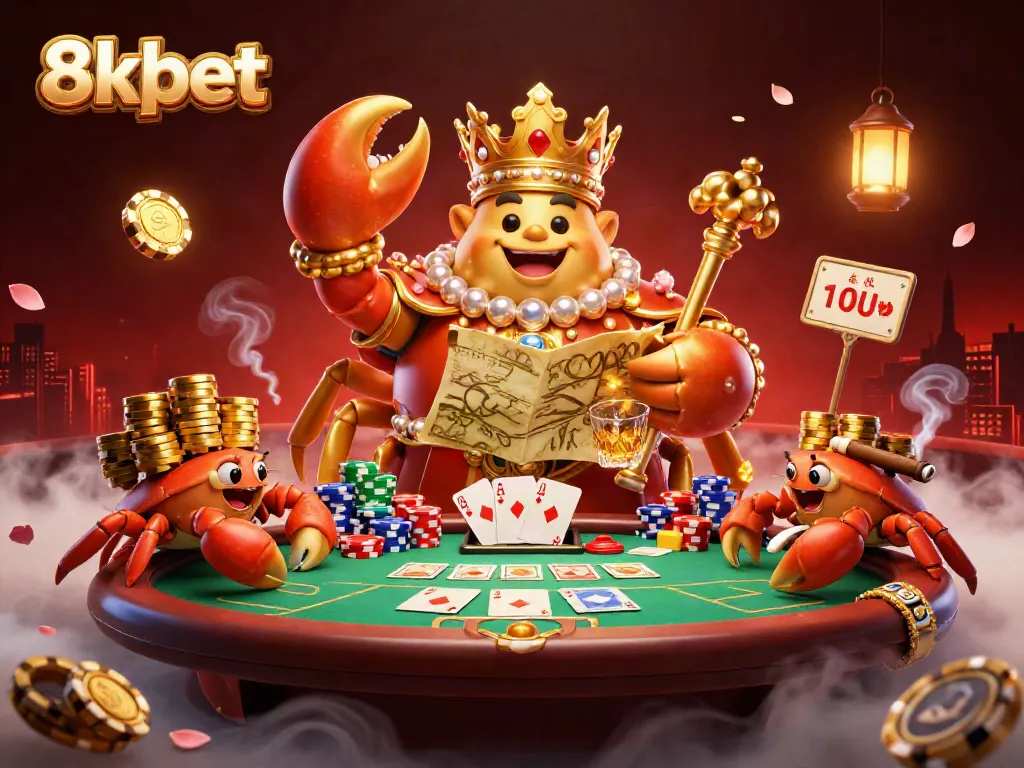 Play thrilling games with 8xbet, featuring a majestic crab emperor amidst a vibrant casino scene.