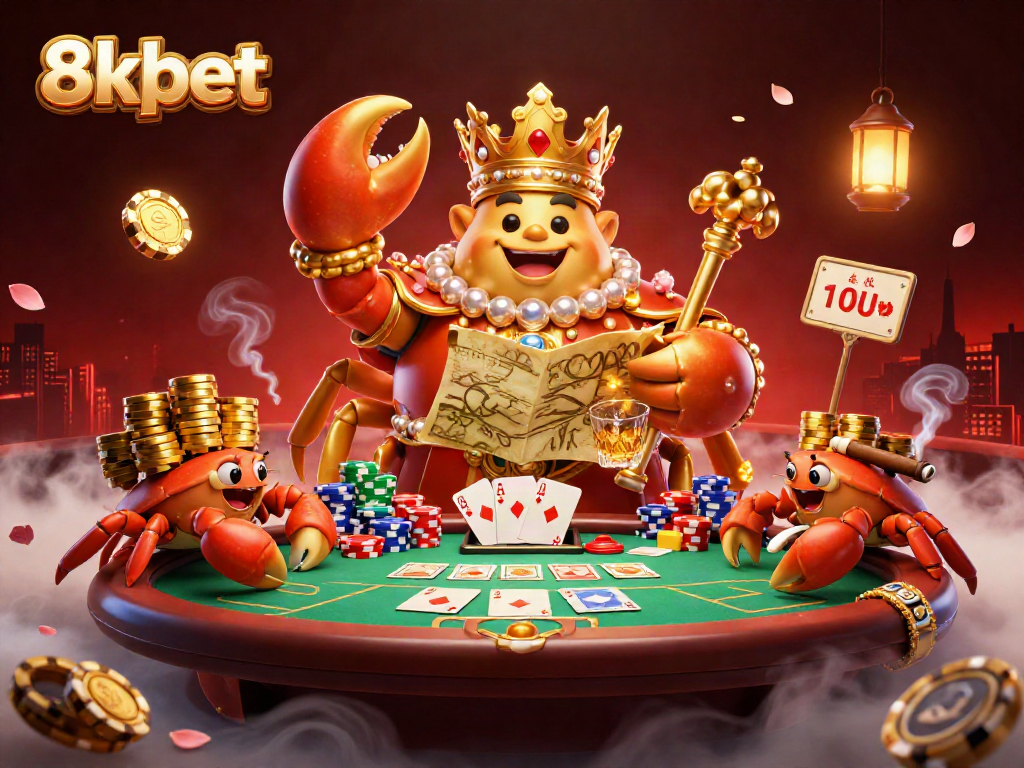 Play thrilling games with 8xbet, featuring a majestic crab emperor amidst a vibrant casino scene.
