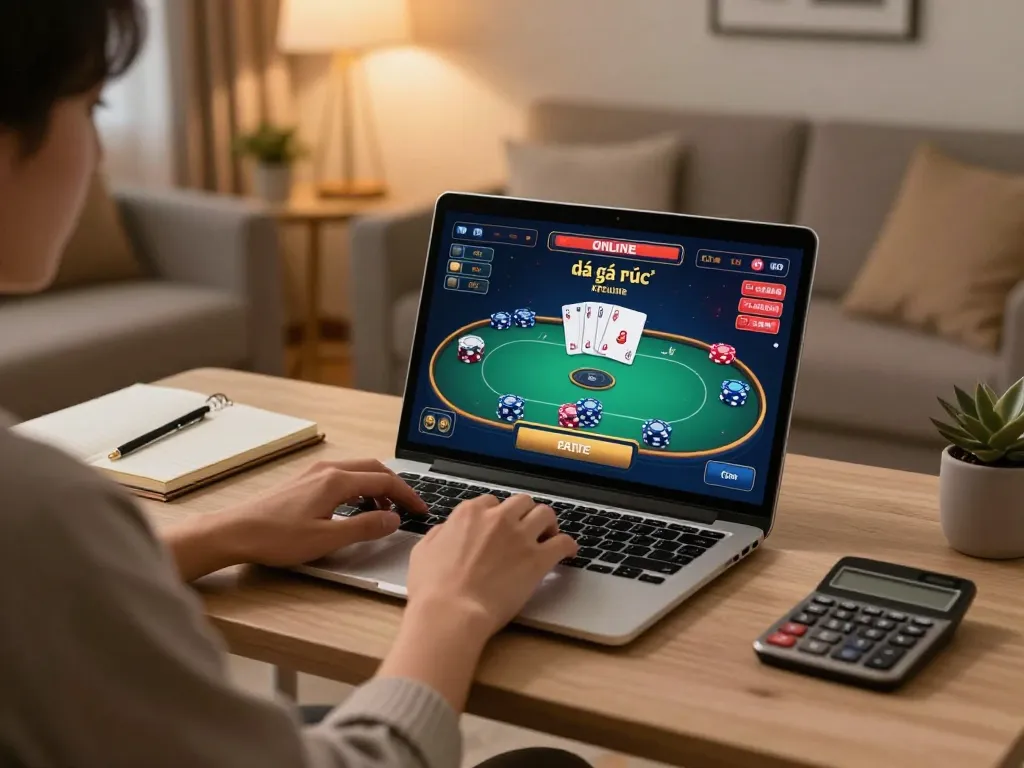 Engaging in đá gà trực tuyến betting on a laptop, showcasing strategic planning and gameplay.
