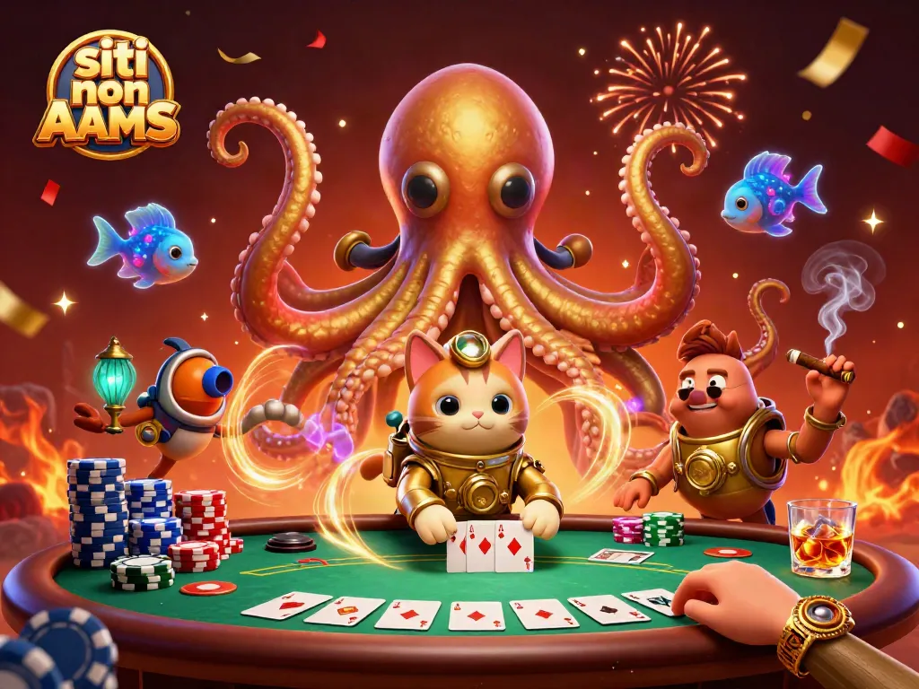 I migliori siti non AAMS mostrano il kraken, un gatto subacqueo e pesci luminosi in un'atmosfera da poker.