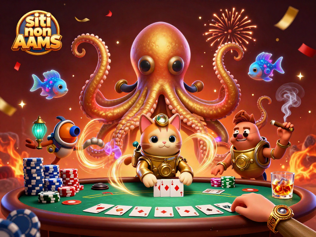 I migliori siti non AAMS mostrano il kraken, un gatto subacqueo e pesci luminosi in un'atmosfera da poker.