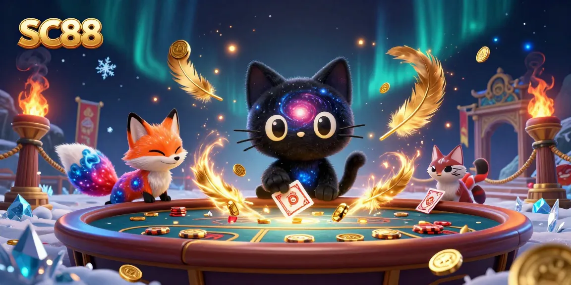 Engage in SC88 cosmic casino action with a black hole cat and nebula fox amidst gold and vibrant gaming elements.