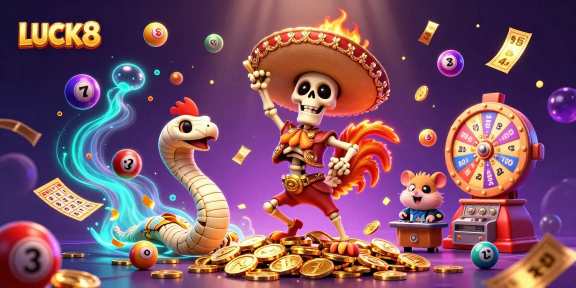 LUCK8 captures the thrill of casino excitement with vibrant characters dancing amidst lucky lottery elements.
