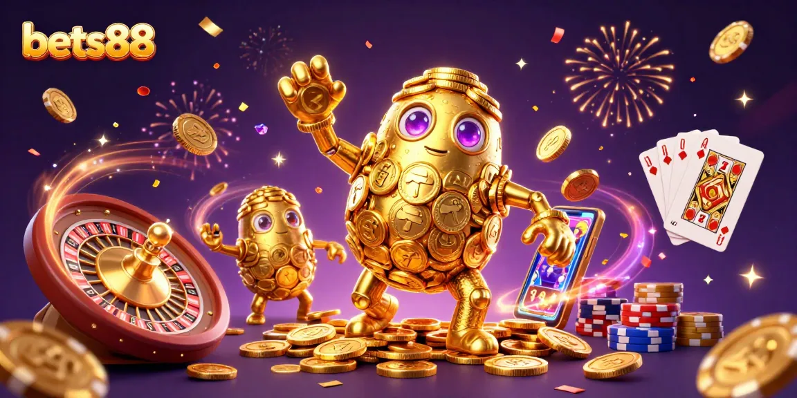 Experience the excitement of bets88 with a stunning 3D casino illustration featuring golden golems and gaming elements.