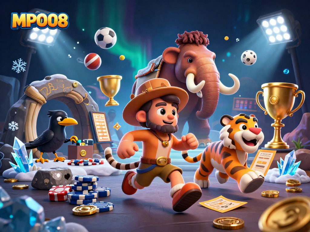 MPO08 captivates players with its thrilling prehistoric casino gaming scene featuring a dynamic caveman and sabertooth duo.