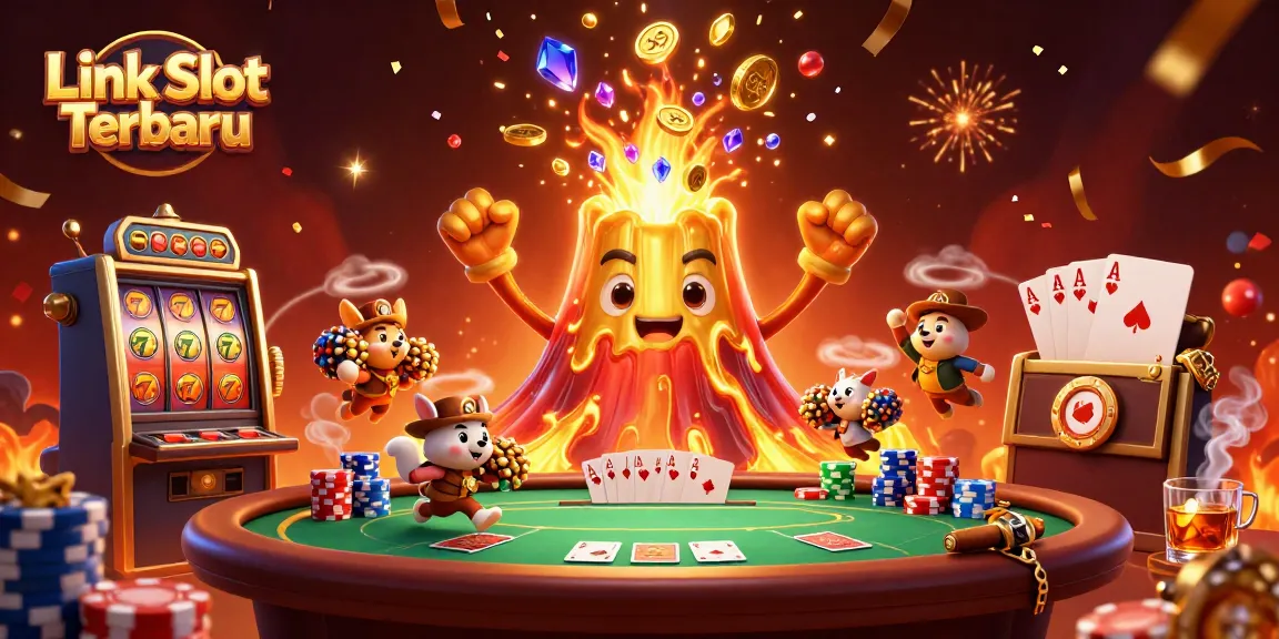 Experience Link Slot Terbaru with triumphant volcano and treasure-laden explorers in a vibrant casino scene.