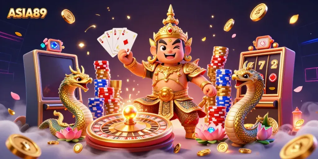 Experience thrilling gameplay at ASIA89 with vibrant casino elements and a mystical guardian.