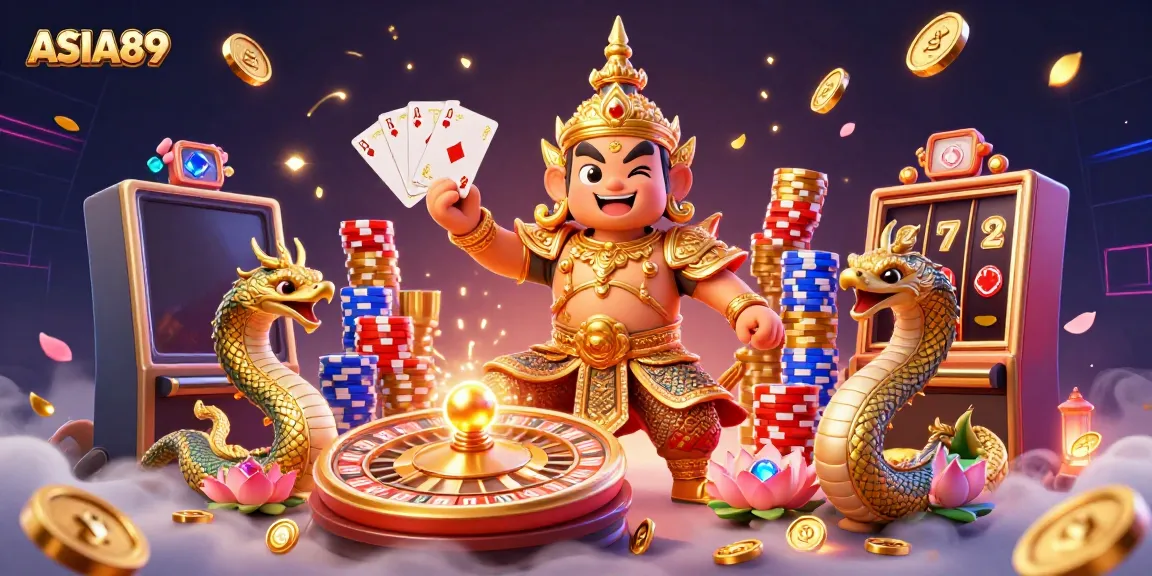 Experience thrilling gameplay at ASIA89 with vibrant casino elements and a mystical guardian.