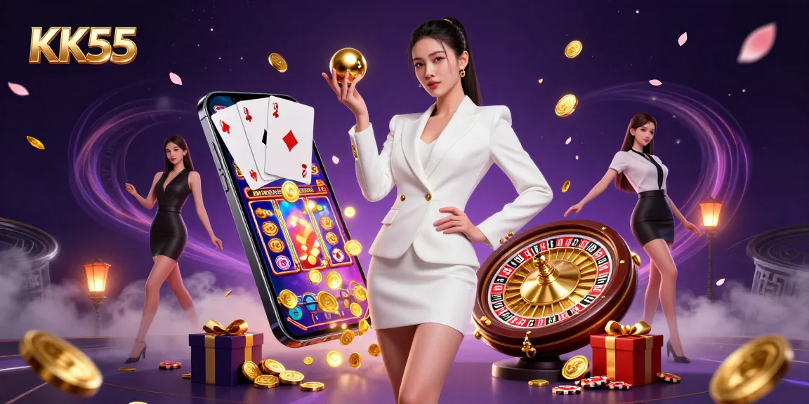 KK55 showcases a stunning casino atmosphere with vibrant games, a confident woman at the center.