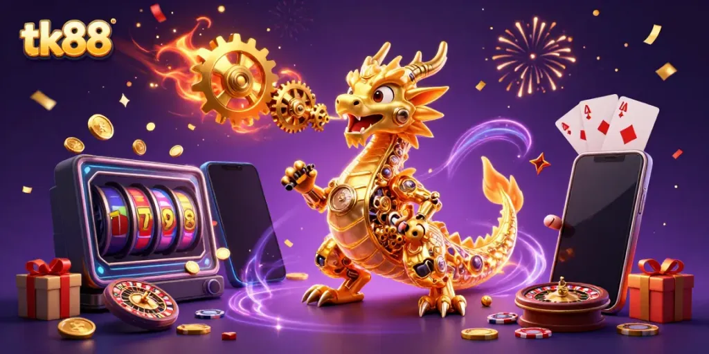 Experience the magic of tk88 with a golden dragon amidst vibrant casino elements.
