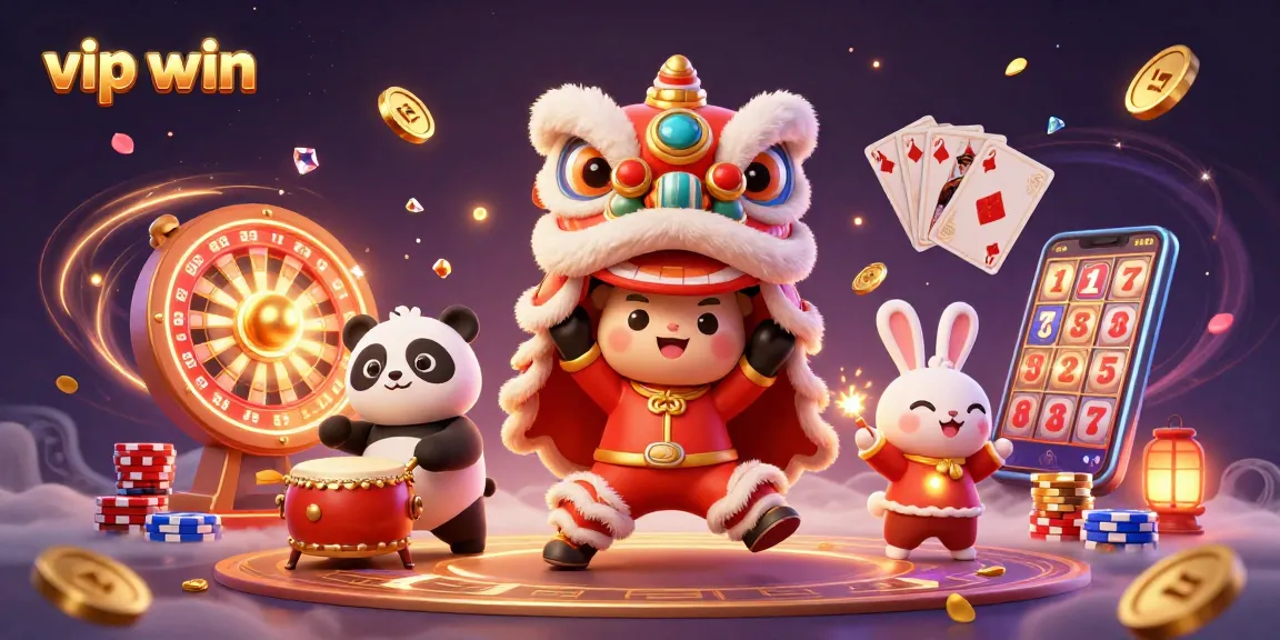 Engage in thrilling casino action with vip win, featuring vibrant lion dance, coins, and spinning roulette.