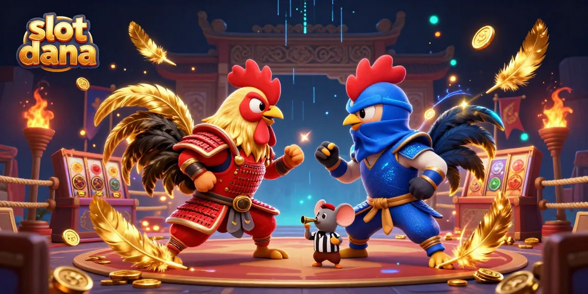 Engage with slot dana in an epic showdown featuring two cartoon fighting roosters amidst dramatic gameplay elements.