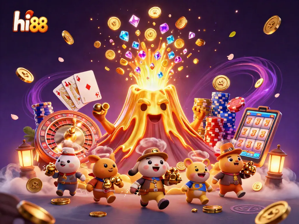 Experience thrilling gameplay with hi 88's casino adventure featuring a golden volcano and riches.