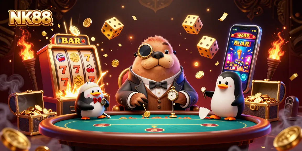 Experience thrilling gameplay at NK88 with a 3D walrus, penguin dealer, and pufferfish player in an exciting underwater casino scene.