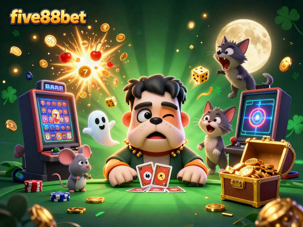 Engaging scene with five88bet characters playing cards at a casino table with jackpots and rich rewards.