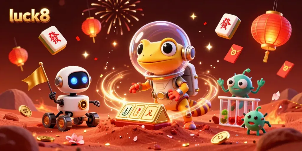 Experience the thrill of luck8 with a Martian gecko discovering a golden casino in this vibrant 3D illustration.
