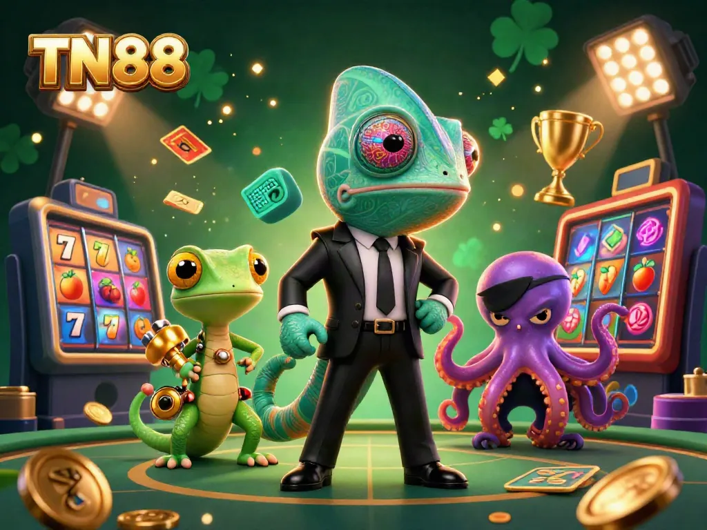 Engage with TN88, a thrilling 3D casino scene featuring colorful slot reels and dynamic characters.