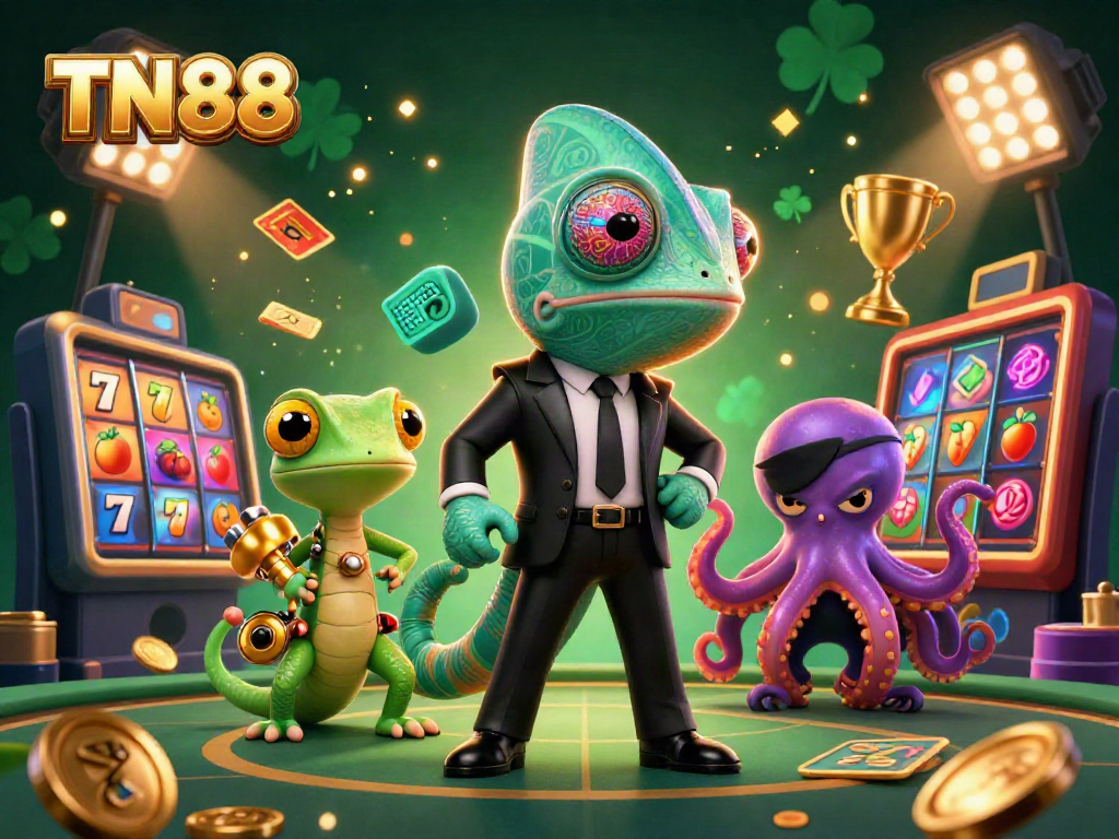 Engage with TN88, a thrilling 3D casino scene featuring colorful slot reels and dynamic characters.