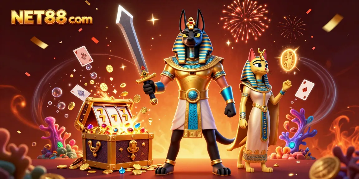 Experience the excitement of NET88 com with an explosive jackpot party featuring Anubis and Bastet in a vibrant casino setting.