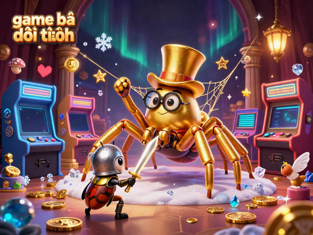 Engage in game bài đổi thưởng through colorful arcade machines with a whimsical golden tarantula and beetle knight.