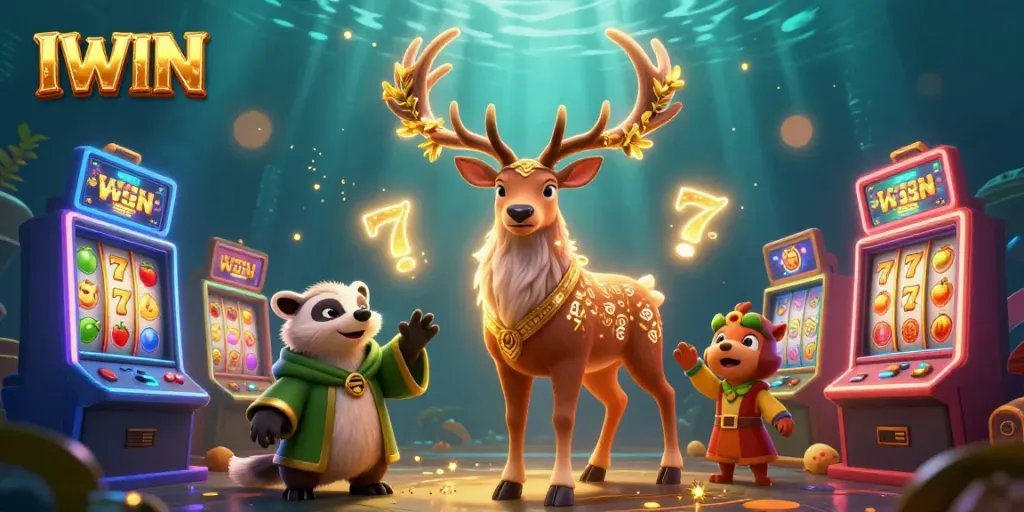 IWIN showcases exciting slot machines and characters in a vibrant casino scene.