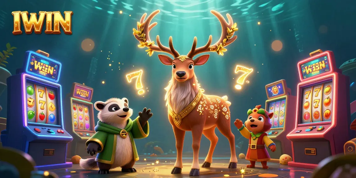 IWIN showcases exciting slot machines and characters in a vibrant casino scene.