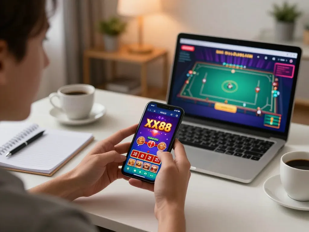 Person engaging with the XX88 casino app on smartphone showcasing the excitement of online gaming.