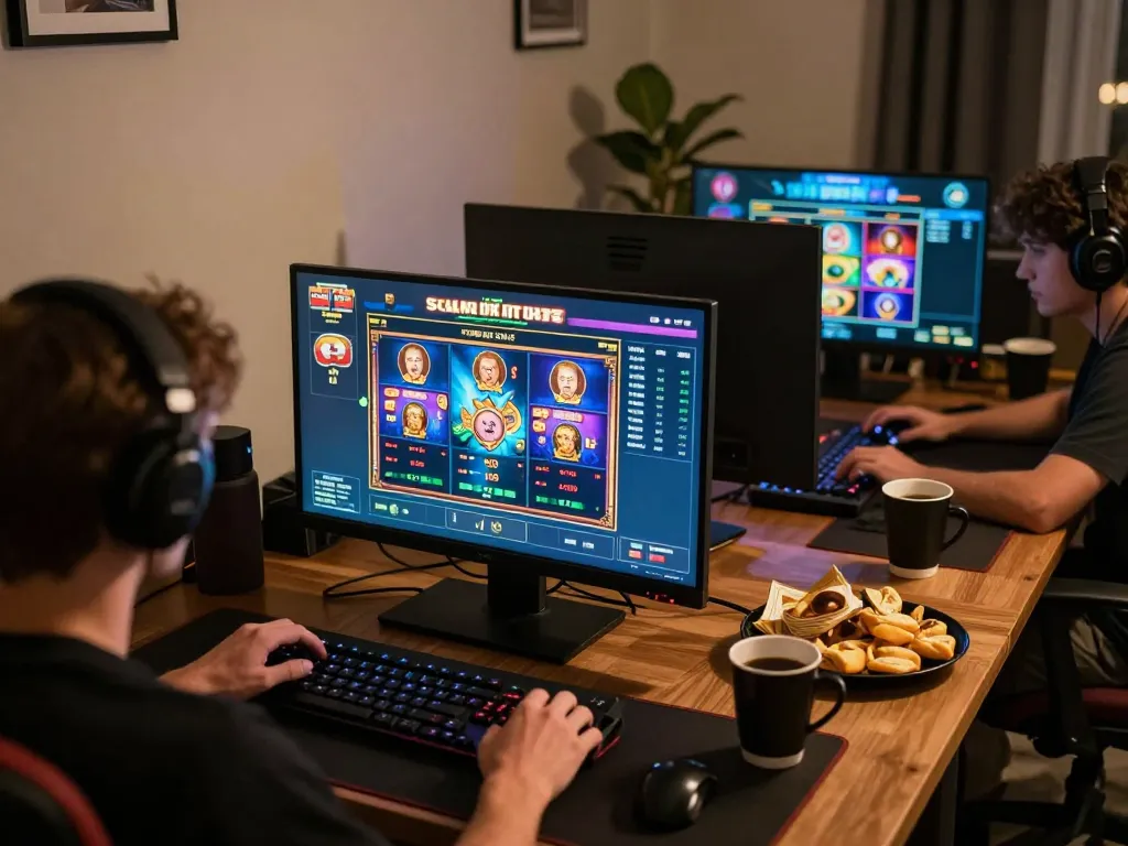 Player enjoying Agen Slot games on multiple screens, showcasing vibrant graphics and strategic betting.