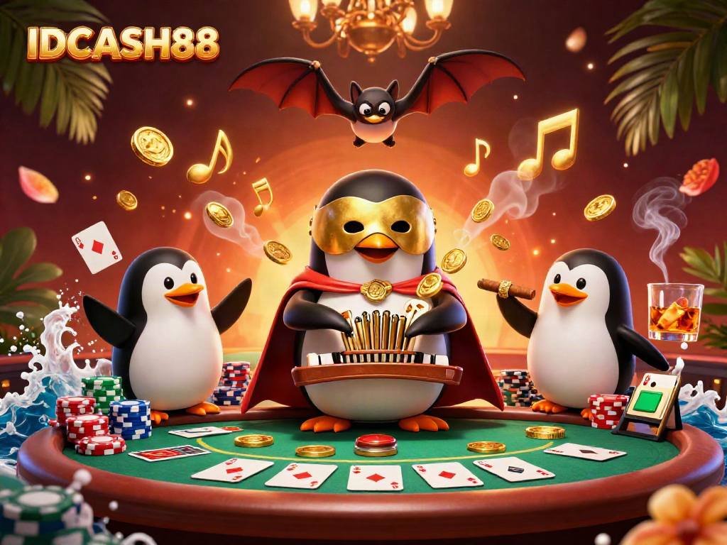 Engage with IDCASH88 as a ghostly penguin plays an organ shooting golden coins, full of casino action.