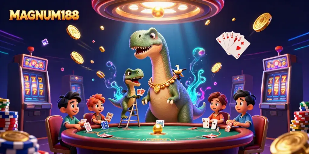 Experience the thrill of MAGNUM188 with this vibrant casino scene featuring fun characters.