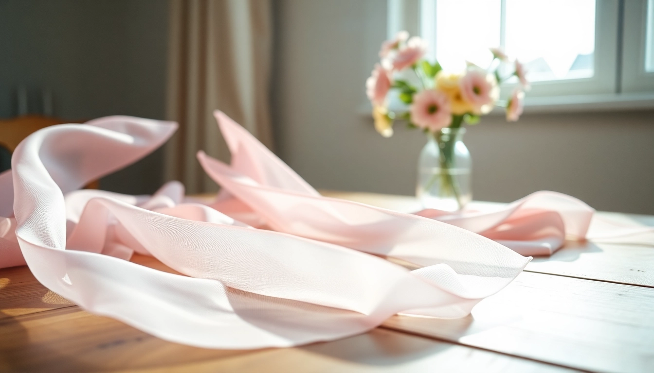 Chiffon stof mooi gedrapeerd op een tafel met pastelkleuren en bloemen op de achtergrond.