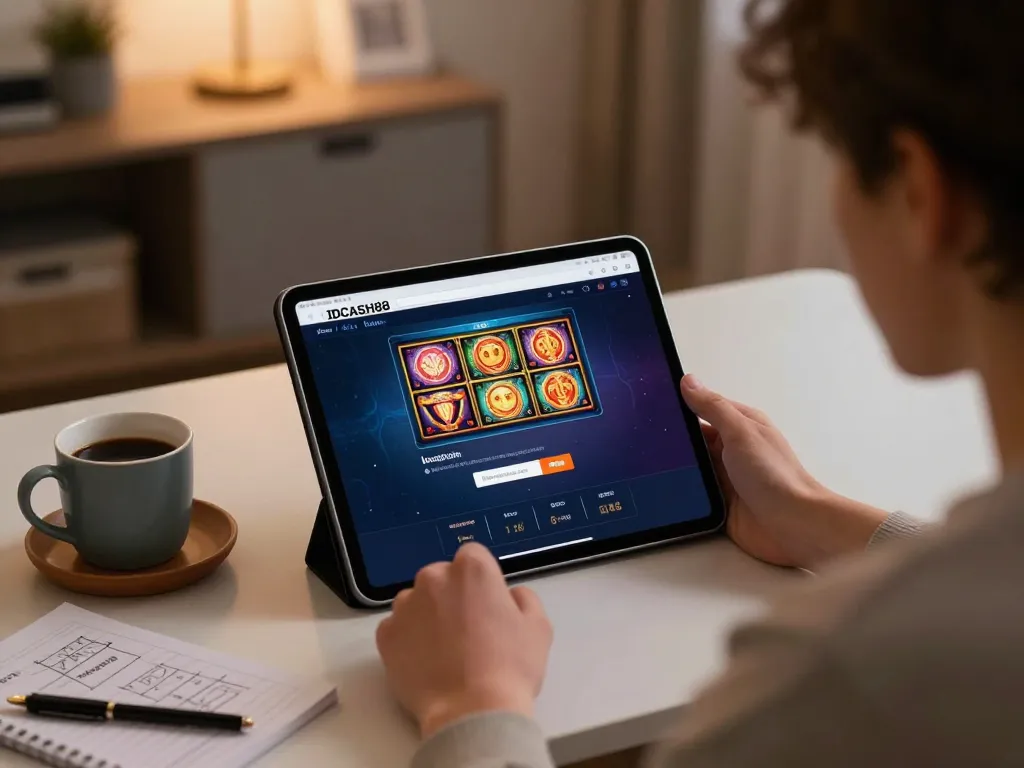 Experience easy gameplay with IDCASH88 Login on tablet at home gaming station, surrounded by strategy notes.