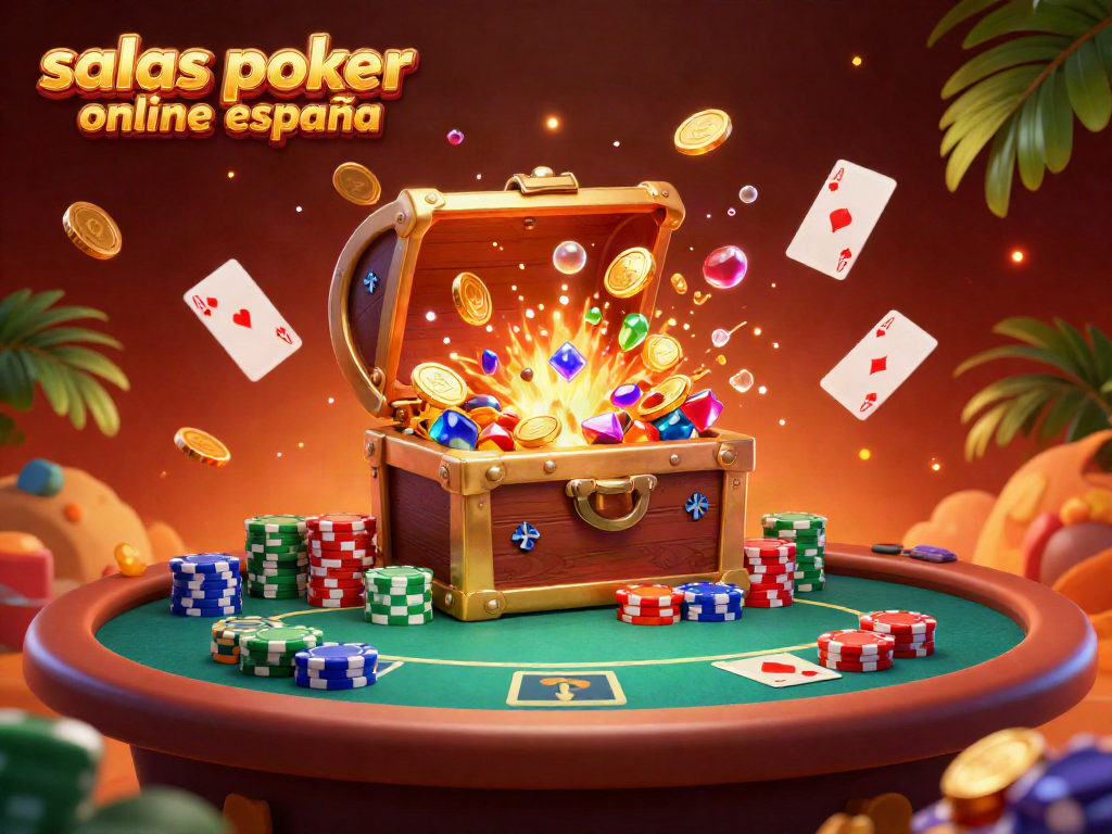 Jugando en las salas de póker online en España con coloridas fichas y cartas flotantes.