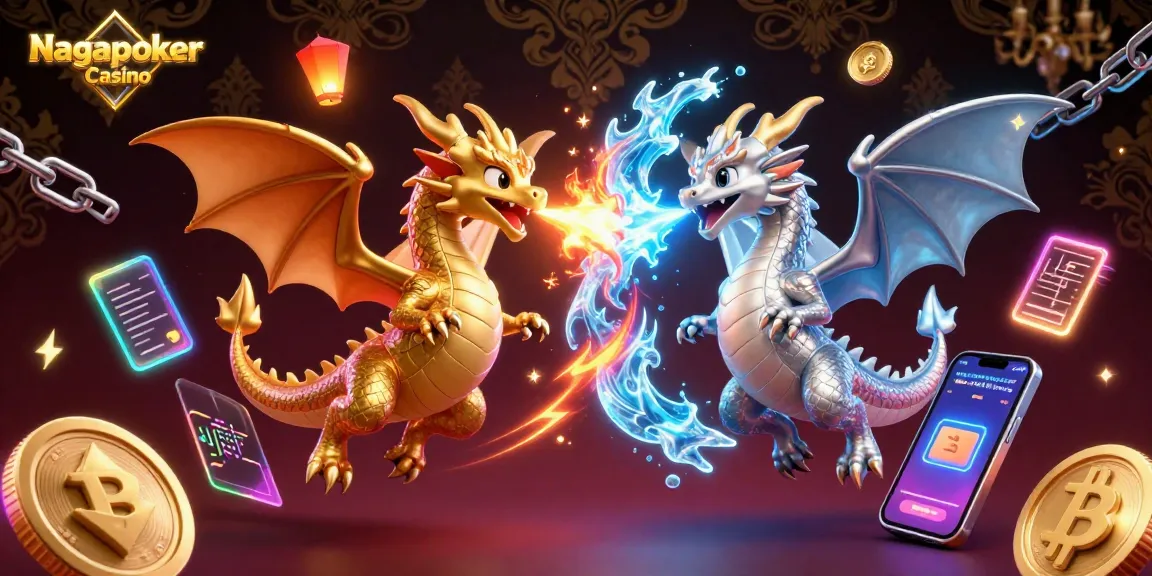 Nagapoker Casino features captivating dragons battling with fire and ice in a vibrant, engaging digital scene.