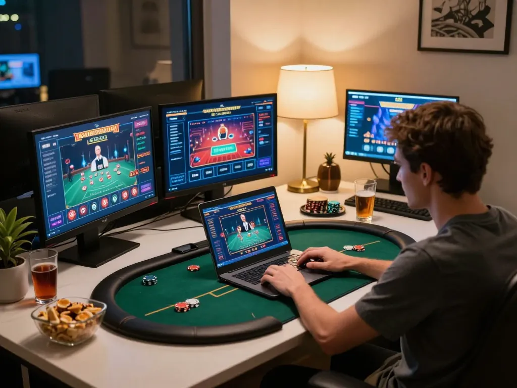 Players enjoying online poker at home with 789WIN app displayed on laptop, perfect for strategic gameplay.