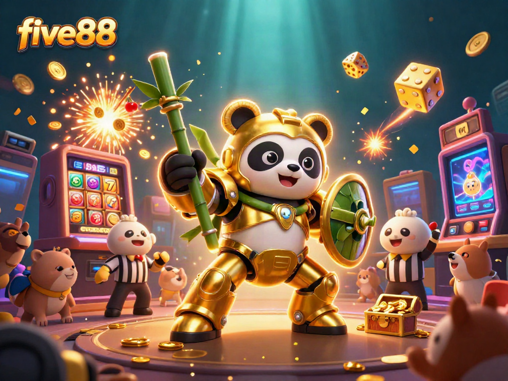 Experience the thrill of five88 with vibrant slot symbols and joyful panda piloting a robot.