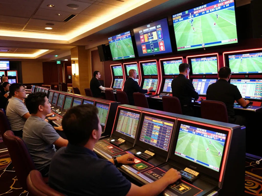People engaging in sports betting for World Cup 2026 matches at an upscale casino