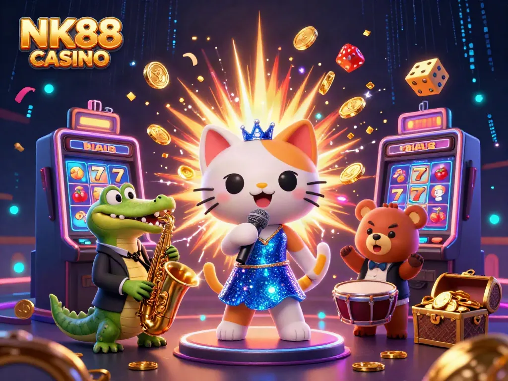 Experience the excitement of NK88 CASINO with 3D cartoon characters on a vibrant casino stage.