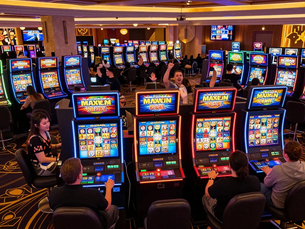 Engaged players celebrating wins at Slot Maxwin games in a vibrant casino atmosphere