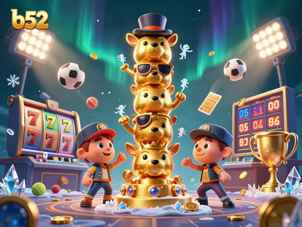 Engage with b52 online casino games in a vibrant scene filled with colorful characters and slot elements.