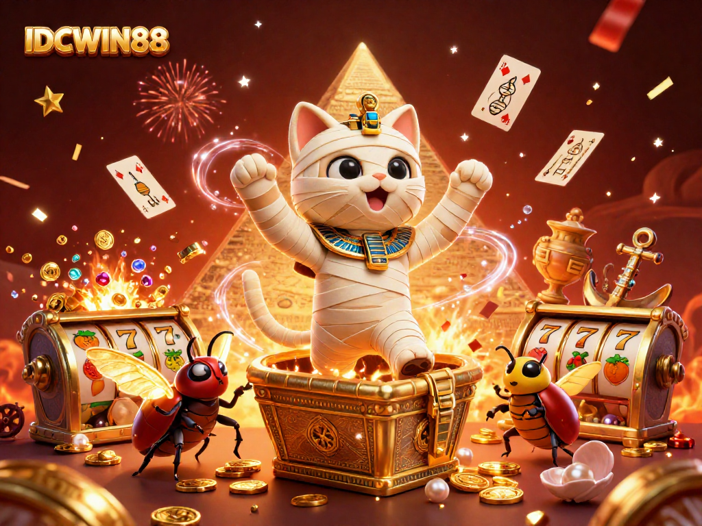 Experience thrilling gameplay with IDCWIN88 as a mummy cat bursts from a sarcophagus filled with excitement.