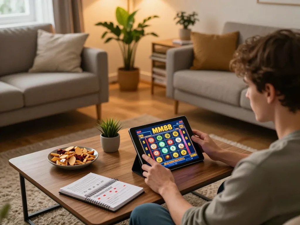 Engaging in an MM88 online slots game while enjoying a cozy home atmosphere