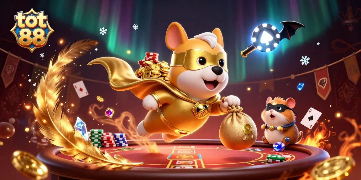 Experience thrilling poker action with tot 88, featuring a superhero dog and hamster amidst vibrant casino elements.