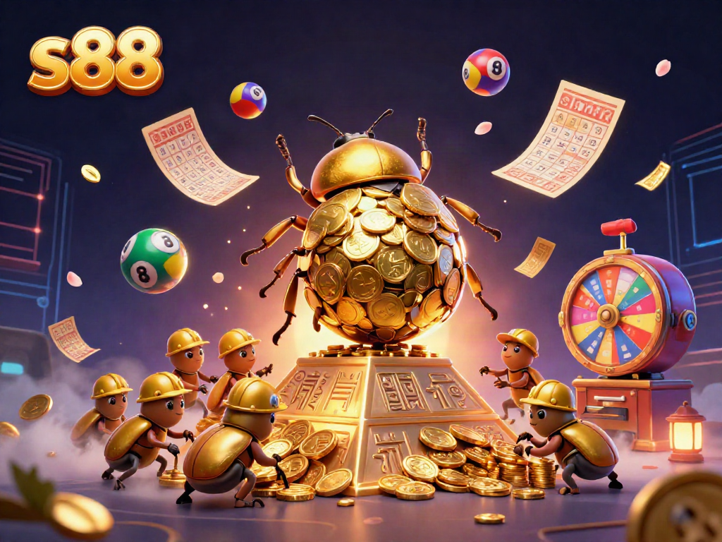 Experience the excitement of s88 with a golden dung beetle scene rolling coins in a vibrant casino world
