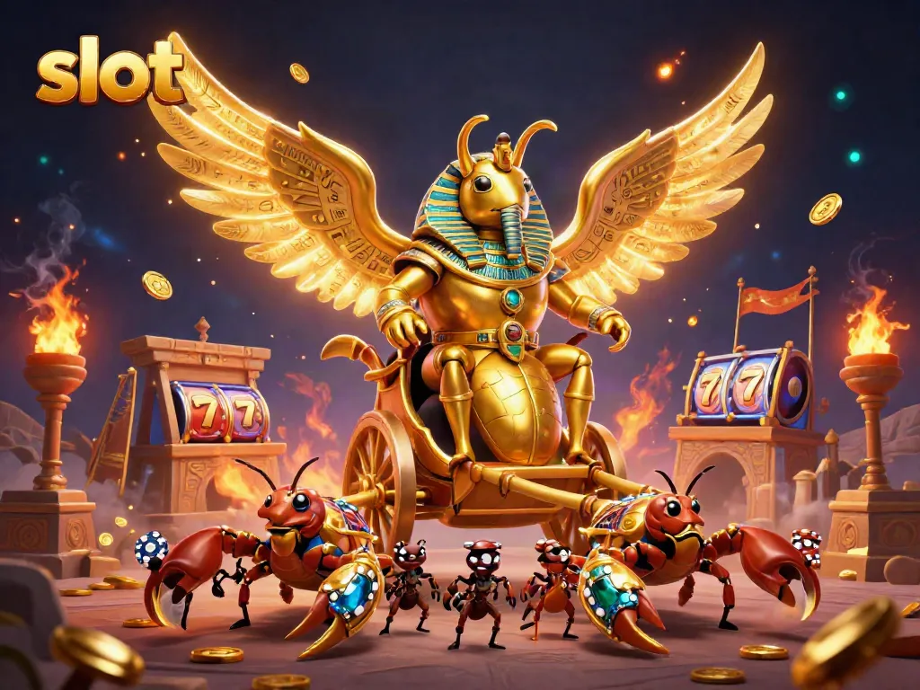 Engage with slot reels in a vibrant casino scene featuring golden scarabs and poker chips.