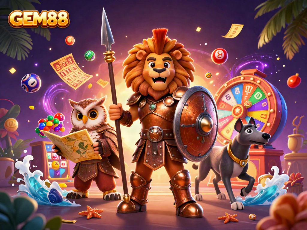 Engage with GEM88's vibrant lottery scene featuring rich 3D cartoon characters and dynamic game elements.