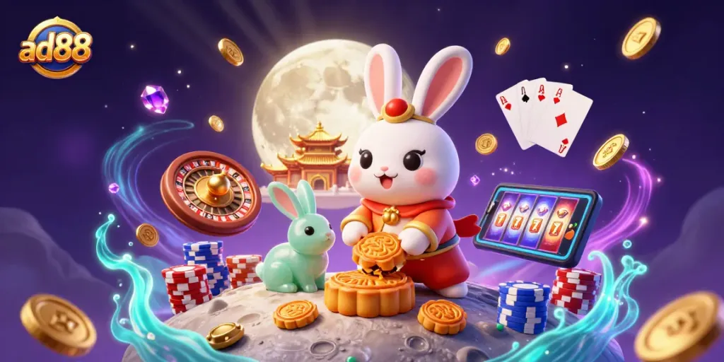 Engage at ad88 with a vibrant casino scene featuring a moon rabbit and lively game elements.