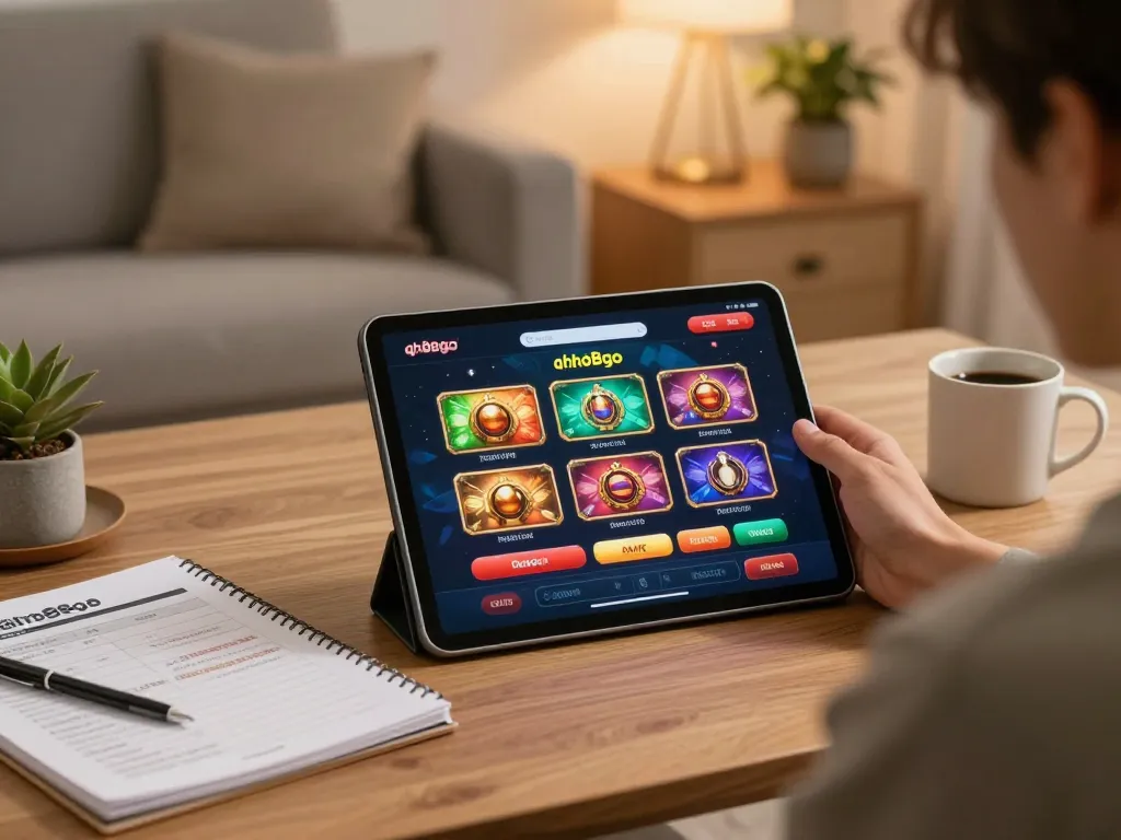 Player exploring qh88go casino games on a tablet in a stylish home setting, creating a responsible gaming atmosphere
