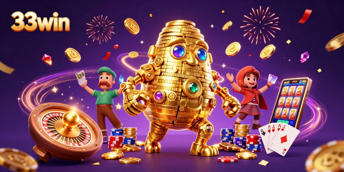Spin and win with 33win's exciting casino action featuring a golden golem and vibrant gaming elements.