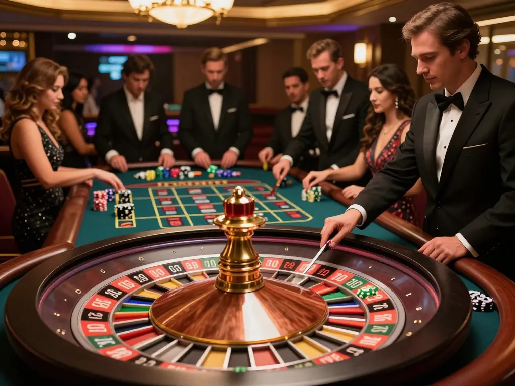 Experience the thrill of roulette at GG88, with players placing bets and a croupier spinning the wheel.